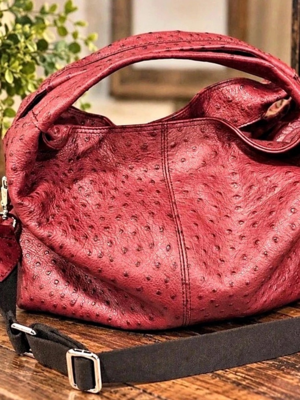 Furla Ostrich Embossed Leather Hobo Bag Red